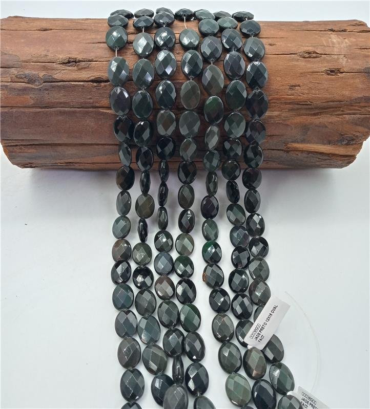 FIO DE PEDRA JADE PRETO OVAL FACETADA 12X16MM