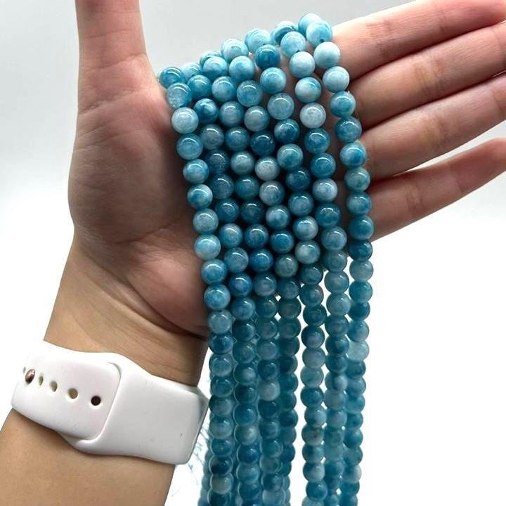 FIO DE PEDRA JADE AZUL CEU MESCLADO BOLA LISA 8MM